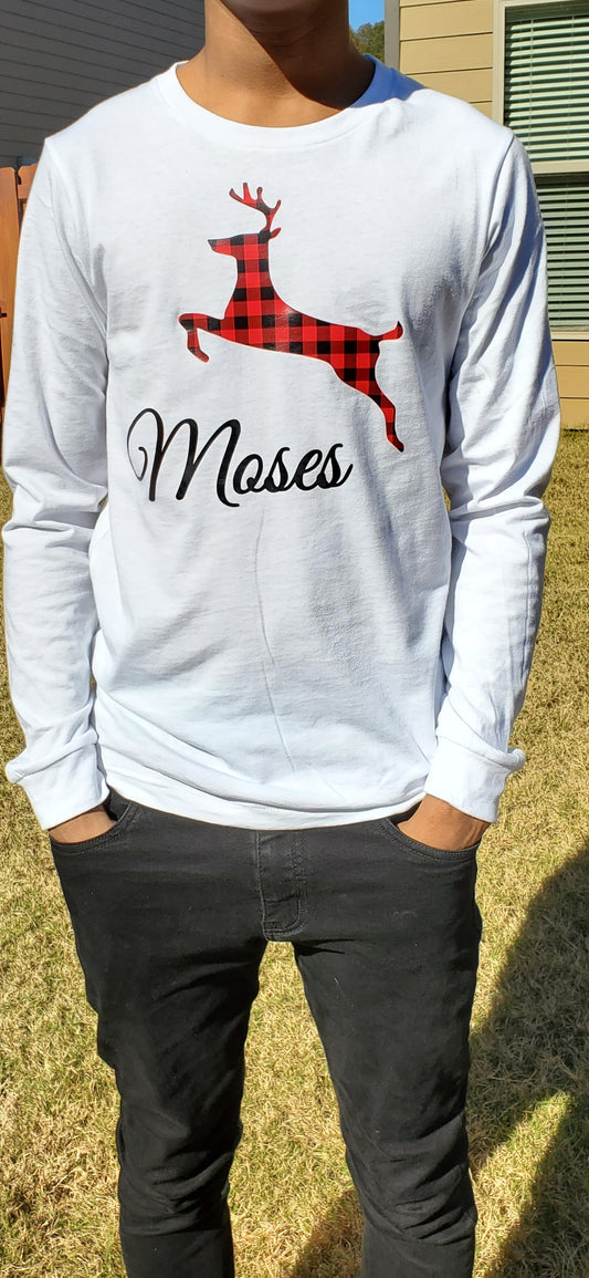 Buffalo Plaid Personalized Reindeer Christmas T-Shirt.