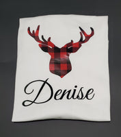 Personalized Reindeer Head Buffalo Plaid Christmas T-shirt.