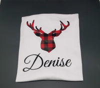 Personalized Reindeer Head Buffalo Plaid Christmas T-shirt.