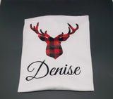 Personalized Reindeer Head Buffalo Plaid Christmas T-shirt.