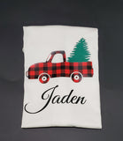 Christmas tree in pick- up truck buffalo plaid t-shirt