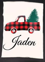 Christmas tree in pick- up truck buffalo plaid t-shirt