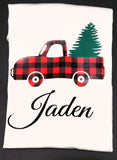 Christmas tree in pick- up truck buffalo plaid t-shirt