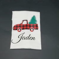 Christmas tree in pick- up truck buffalo plaid t-shirt