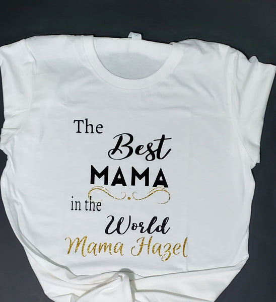 The Best Mama in the World black and gold glitter t-shirt.